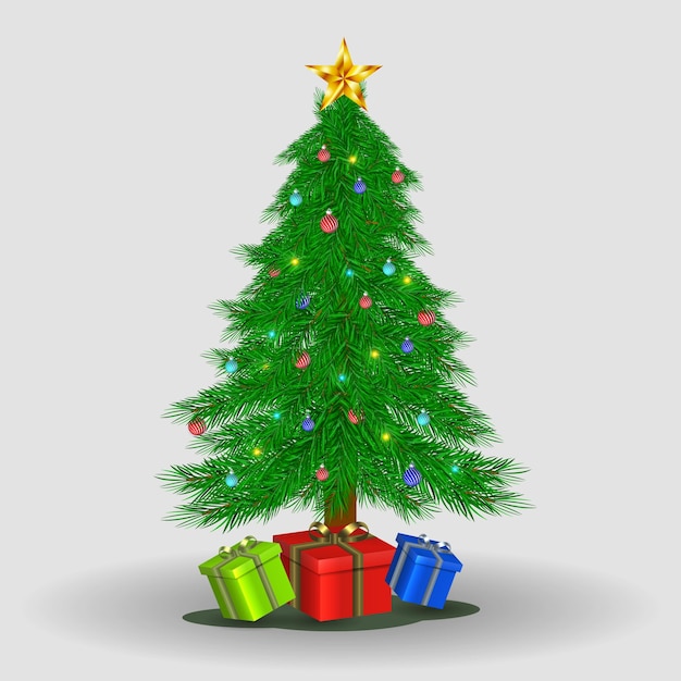 Decoración realista del árbol de navidad con caja de regalo.