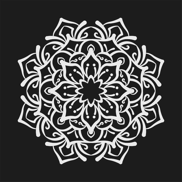 Decoración redonda de mandala vectorial en blanco sobre negro