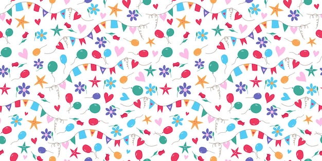 Decoración de vacaciones de patrón Banderas guirnaldas corazones globos estrellas flores fondo repetitivo sin costuras