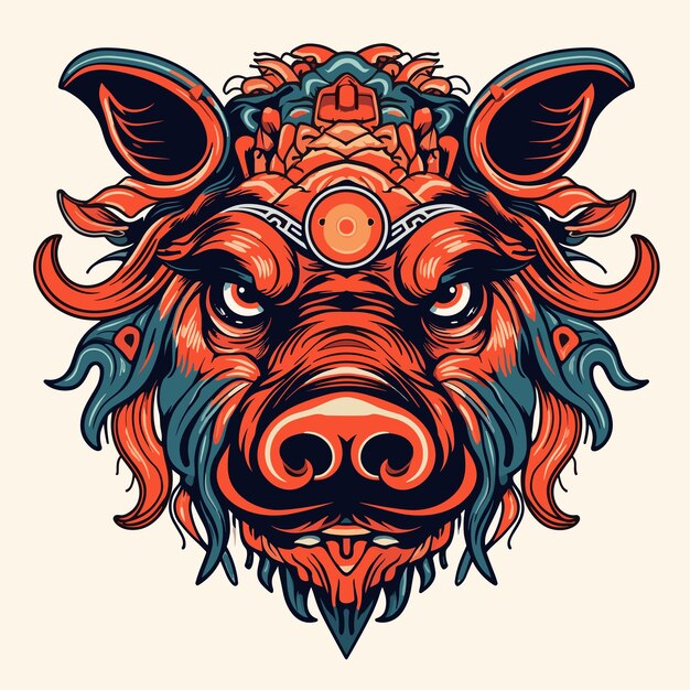 Decoración vectorial Cabeza de jabalí con patrón Diseño de colores tribales Ilustración vectorial de estilo chino