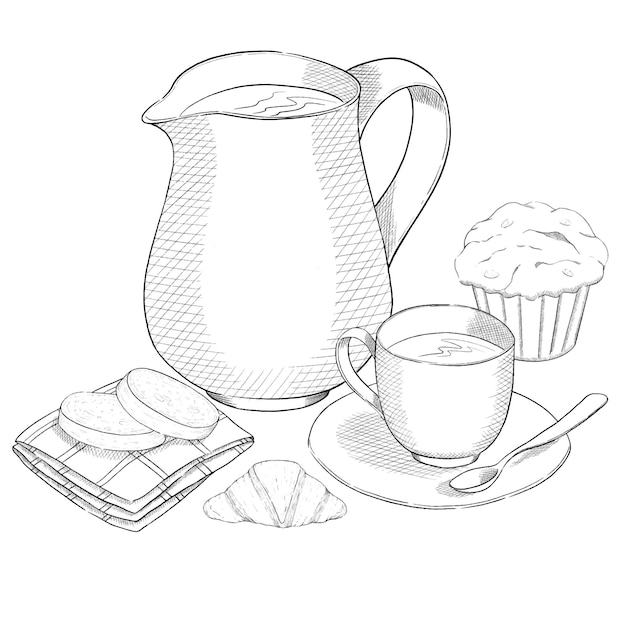 Decoración vectorial de panadería con jarra de leche y pastelería. Conjunto de panadería.