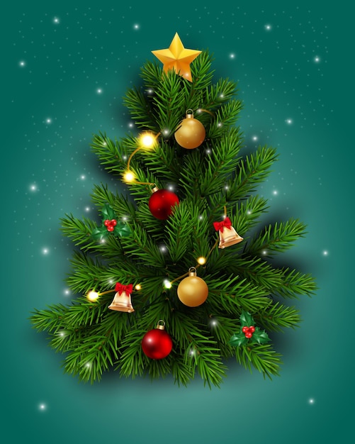Decoración vectorial realista del árbol de Navidad con fondo de gradiente verde