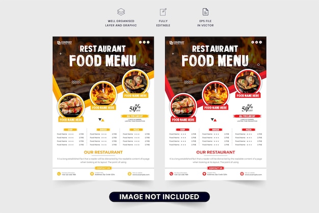 Decoración de volante de restaurante con menú de comida y sección de oferta de descuento Diseño de póster de restaurante con marcadores de posición de fotos Vector de plantilla de volante de menú de comida con colores amarillo y rojo