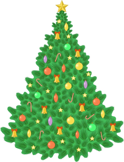 Decoraciones del árbol de Navidad con juguetes, bolas, campanas y estrellas Ilustración vectorial de vacaciones