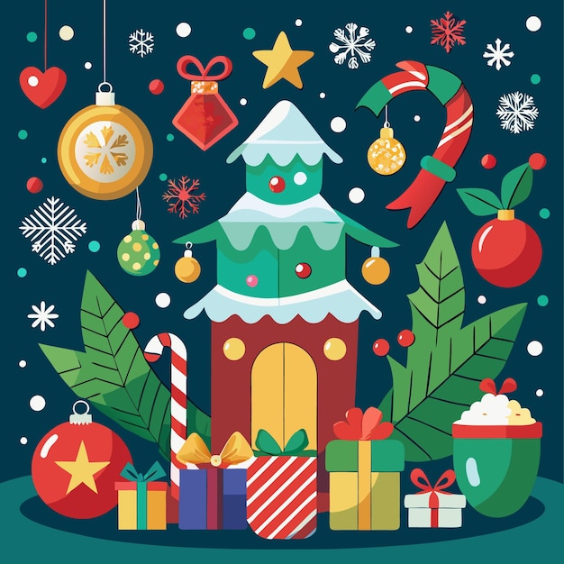 Decoraciones de árboles de Navidad con adornos, regalos y bastones de caramelo