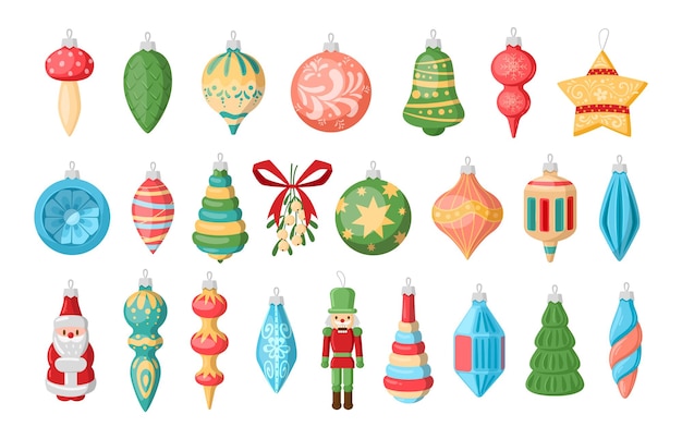 Decoraciones para árboles de navidad dibujos animados juguetes de vacaciones de navidad conjunto de ilustraciones vectoriales