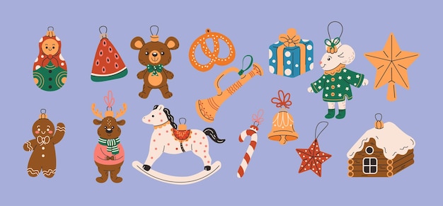 Decoraciones de árboles de Navidad objetos vectoriales de color plano