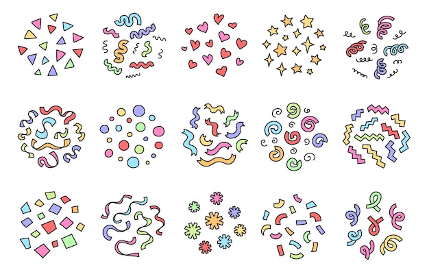 Decoraciones de confeti para fiestas dibujadas a mano Patrones de confeti de Doodle Círculos coloridos de celebración Cintas de estrellas y corazones Formas de fondo de decoración festiva Conjunto vectorial