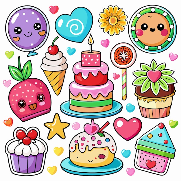 Decoraciones de fiesta de dibujos animados con corazones dulces y una estrella