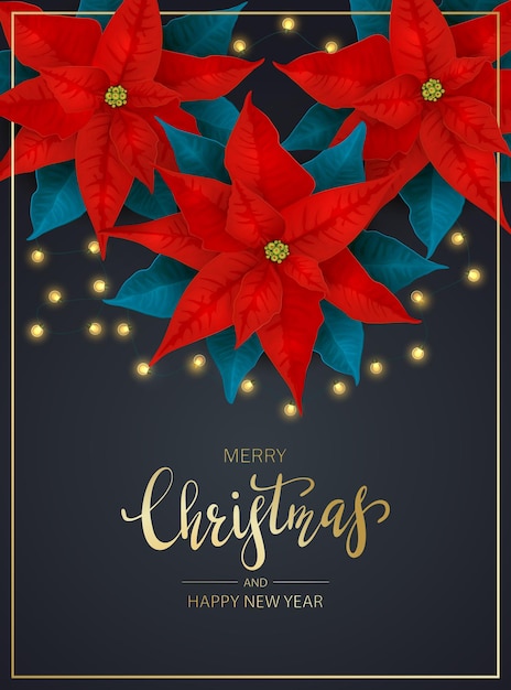 Decoraciones con flores de poinsettia rojo y luces de Navidad sobre fondo oscuro. La ilustración con letras doradas Feliz Navidad se puede utilizar para el diseño de vacaciones, tarjetas, invitaciones y pancartas.