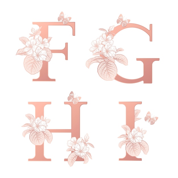 Decoraciones con letras fghi ramas de sakura florecientes y mariposas