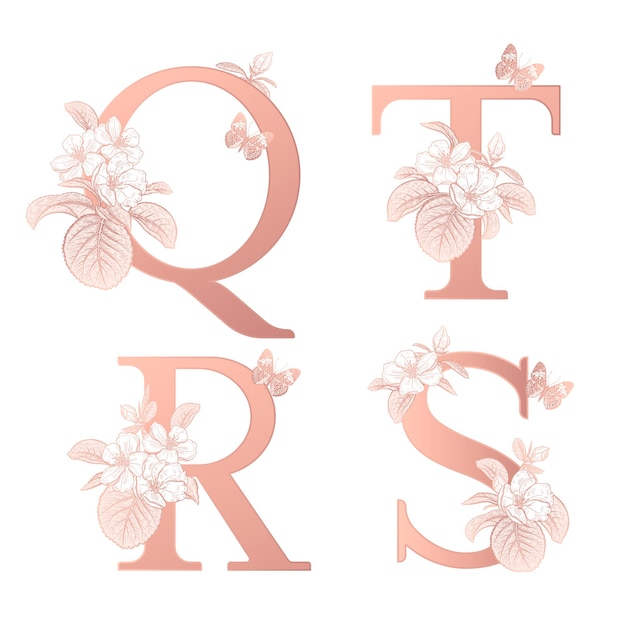 Vector decoraciones con letras qtrs ramas de sakura florecientes y mariposas