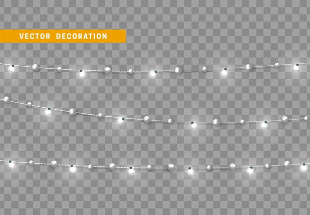 Decoraciones de Navidad línea de cuerdas de guirnalda. Elemento decorativo festivo. Diseño 3D realista. Decoraciones de Año Nuevo y Fiestas. El conjunto está aislado. Ilustración vectorial
