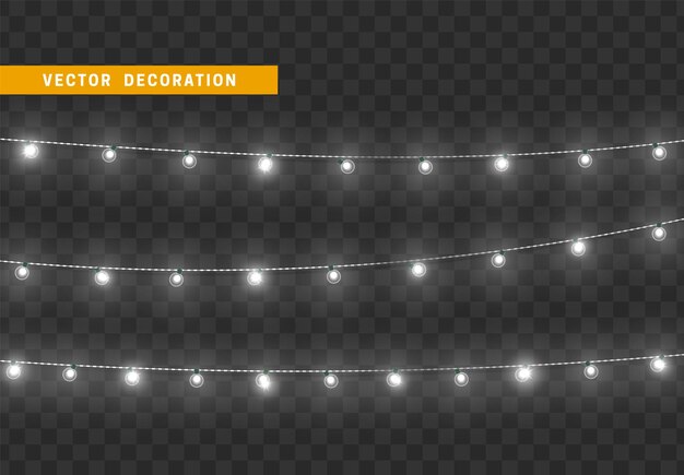 Decoraciones navideñas, aisladas sobre un fondo transparente. Girlandas de luz blanca conjunto realista. Decoración de Navidad de plata. Elemento de diseño festivo