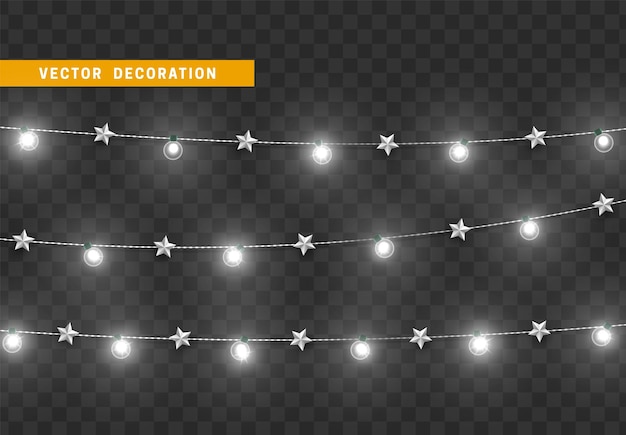 Decoraciones navideñas, aisladas sobre un fondo transparente, guirnaldas de luz blanca con estrellas en un conjunto realista, decoración de Navidad de plata, elemento de diseño festivo.