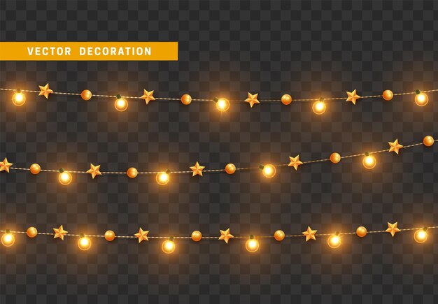 Decoraciones navideñas, aisladas sobre un fondo transparente, guirnaldas de luz dorada y un conjunto realista de estrellas, decoración de Navidad dorada, elemento de diseño festivo.