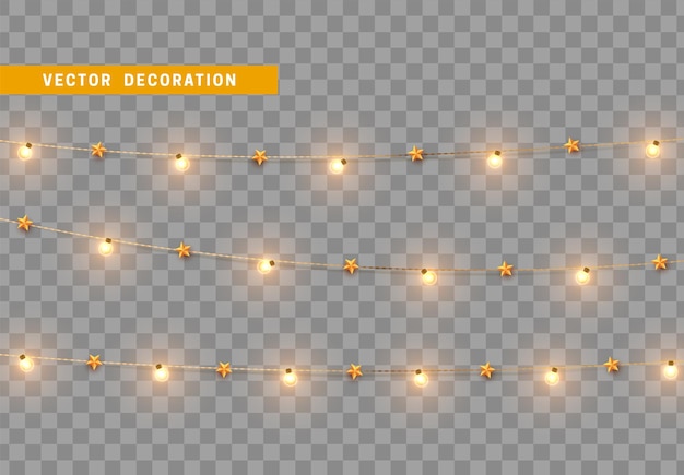 Decoraciones navideñas, aisladas sobre un fondo transparente, guirnaldas de luz dorada con estrellas en un conjunto realista, decoración navideña dorada, elemento de diseño festivo.
