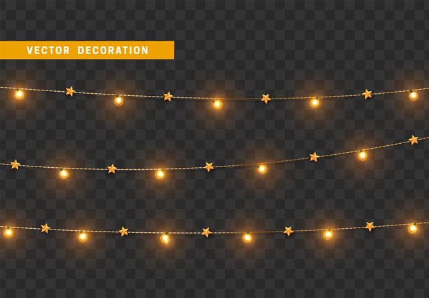 Decoraciones navideñas, aisladas sobre un fondo transparente, guirnaldas de luz dorada con estrellas en un conjunto realista, decoración navideña dorada, elemento de diseño festivo.