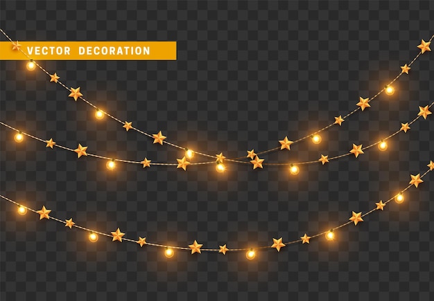 Decoraciones navideñas, aisladas sobre un fondo transparente, guirnaldas de luz dorada con estrellas en un conjunto realista, decoración navideña dorada, elemento de diseño festivo.
