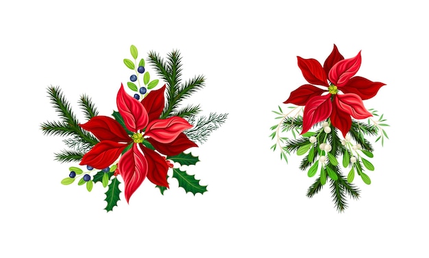 Decoraciones navideñas con flores rojas y ramas de abeto. Ilustración vectorial