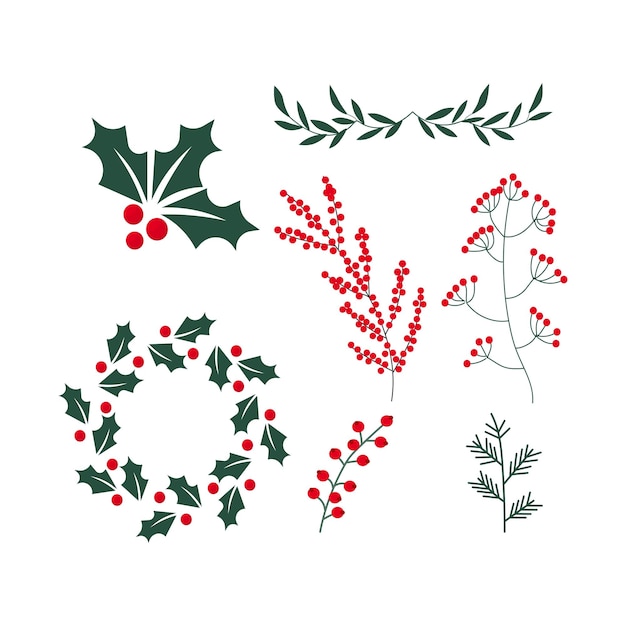 Decoraciones navideñas holly spruce bayas rojas joyas navideñas ilustración vectorial