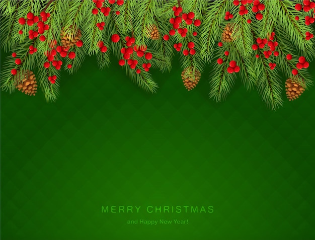 Decoraciones navideñas con ramas de abeto, piñas y bayas de acebo sobre fondo verde. Letras de feliz navidad y próspero año nuevo. La ilustración se puede utilizar para el diseño de vacaciones, tarjetas, pancartas.