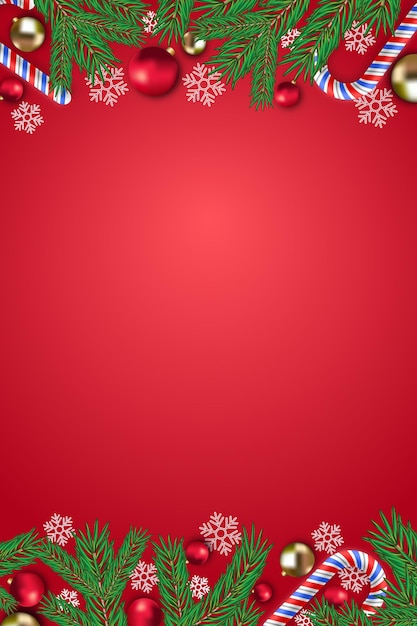 Vector decoraciones navideñas realistas y ramas con fondo rojo.