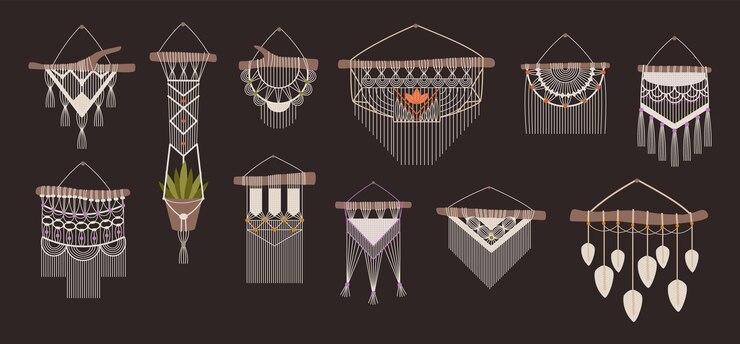 Vector decoraciones de pared hechas a mano de macrame boho hechas de cuerdas y nudos adorno de hilo trenzado colgado en un palo de madera colgador hecho a mano para maceta conjunto de elementos interiores trabajo manual vectorial