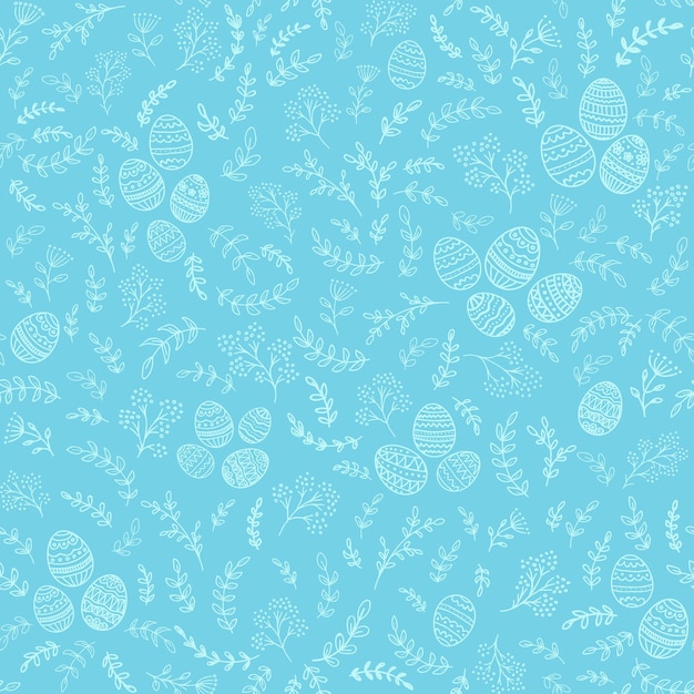 Decoraciones de Pascua sin fisuras con elementos florales con huevos decorativos sobre fondo azul, ilustración.