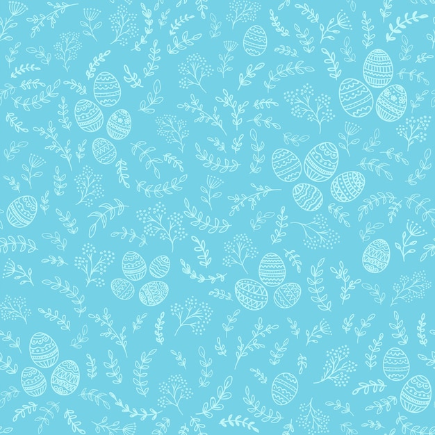 Vector decoraciones de pascua sin fisuras con elementos florales con huevos decorativos sobre fondo azul, ilustración.