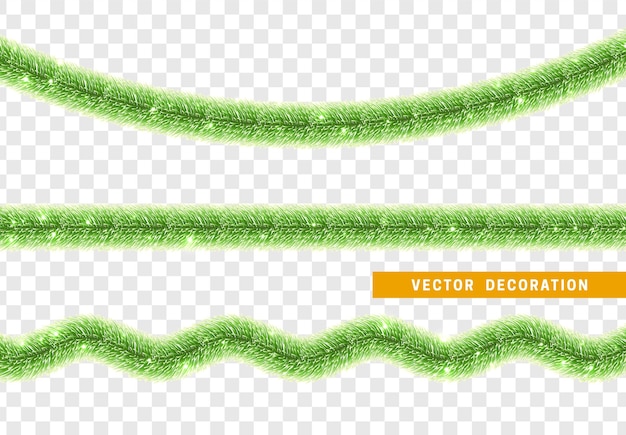 Decoraciones tradicionales de Navidad oropel verde. Guirnalda de cinta de Navidad elemento de decoración realista aislado. Ilustración vectorial
