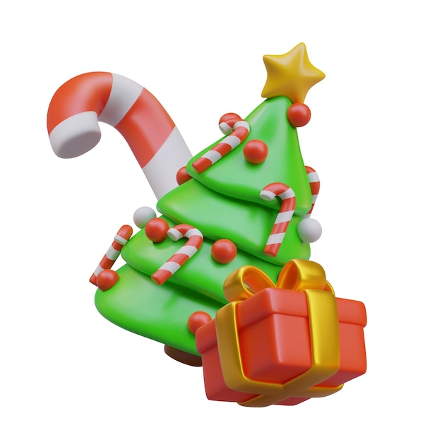 Decorado árbol de Navidad caja de regalo roja de caramelo a rayas concepto vectorial en estilo de dibujos animados