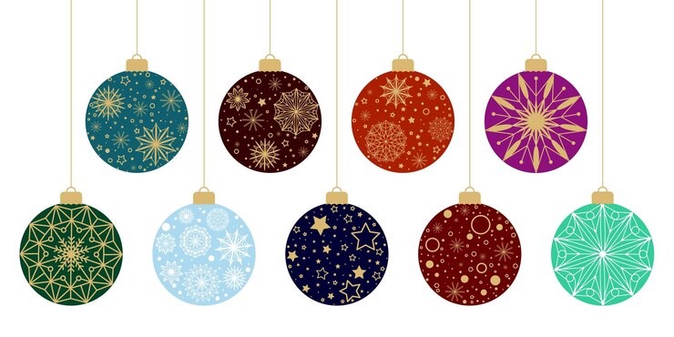 Vector decorado con copos de nieve estrellas puntos bolas de árbol de navidad conjunto