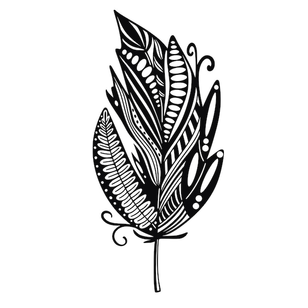 Decorar boho pluma aislado vector hermoso pájaro pintado a mano pluma negro monocromo silhouete