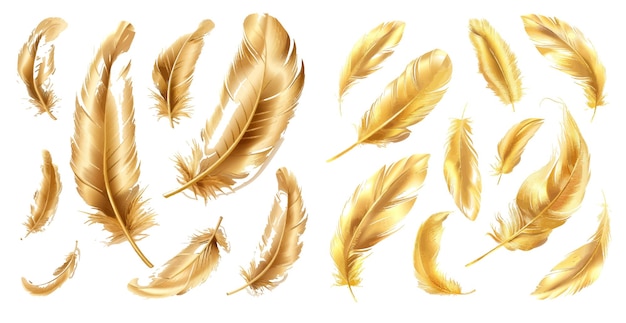 Decorativo oro glamour chic pluma volando cayendo y girando conjunto vectorial de plumas suaves