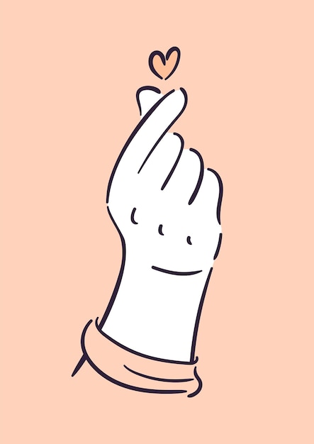 Vector dedo corazón feliz día de san valentín gesto de la mano que representa el amor ilustración vectorial en un estilo minimalista esquemático para carteles, postales, banners de sitios web, elementos de diseño peach fuzz