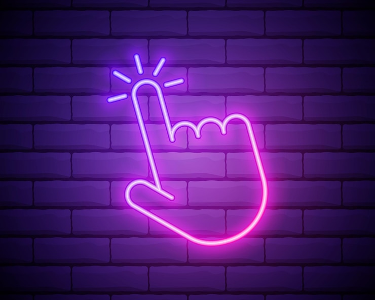 Vector un dedo haga clic en rosa brillante neón ui ux icono signo brillante logo vector haga clic en el icono de la mano aislado en la pared de ladrillo backogrund