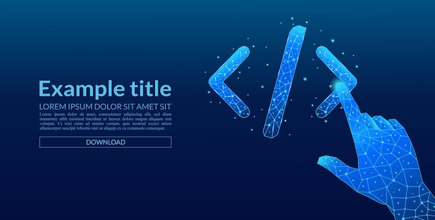 El dedo índice digital hace clic en un símbolo de código de programación digital 3D en azul claro