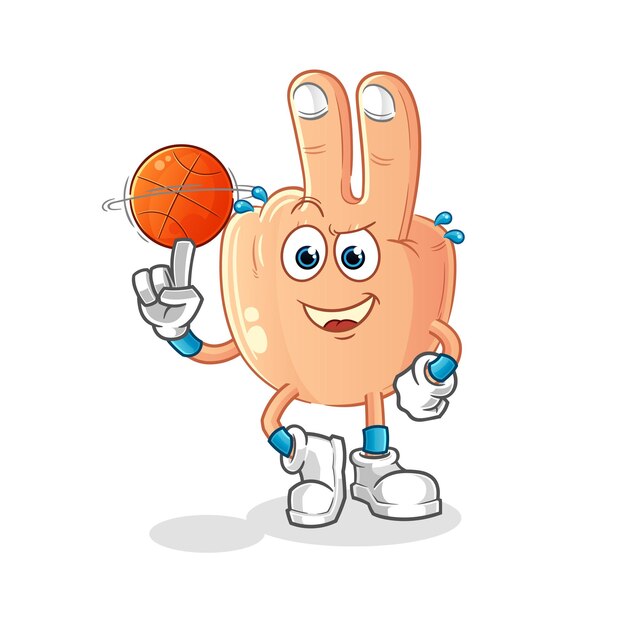 Dedo de la paz jugando vector de dibujos animados de mascota de baloncesto