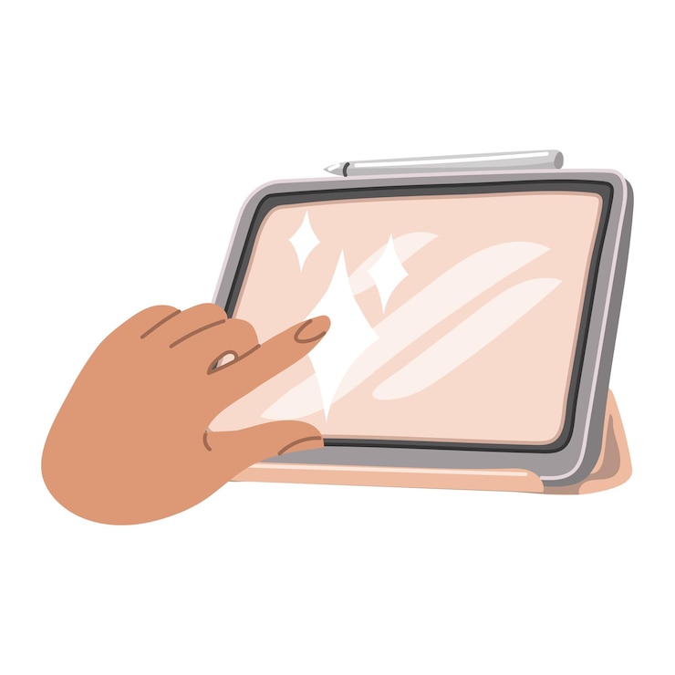 Vector el dedo presiona la tableta la mano mueve un dedo a través de la pantalla en blanco una mano usando un digital