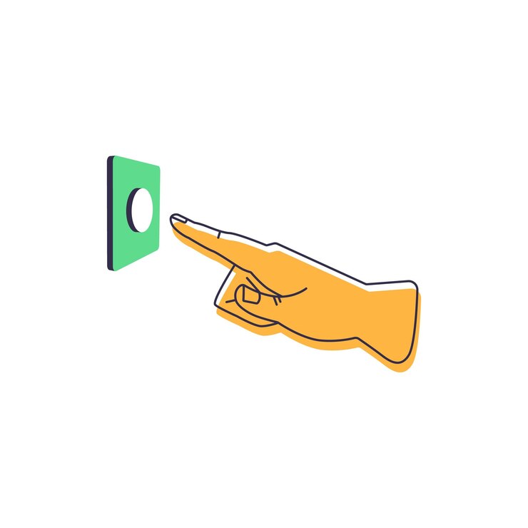 Vector dedo presionando el botón de encendido timbre de la mano y de la pared dedo índice presionando la campana persona que apaga o enciende activar algo ilustración de vector plano aislada en fondo blanco