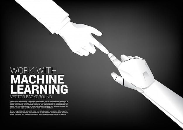 Dedo robot con el dedo del empresario. Concepto nacimiento de la era de la máquina de aprendizaje ai.