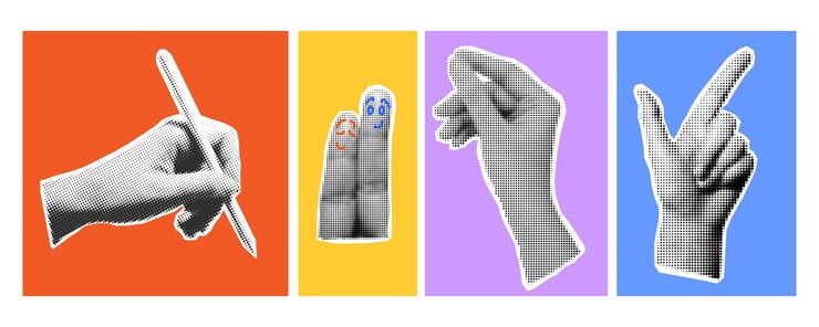 Vector los dedos de la mano apuntan a los elementos de collage de medio tono para el collage y el diseño para el arte post-noticias conce