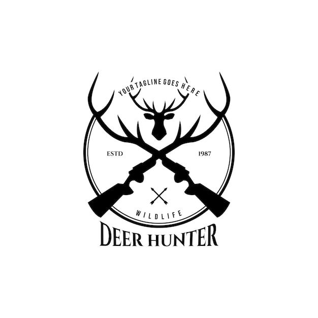 Deer Hunter Outdoor Adventure Logo Vector Ilustración Diseño Vintage