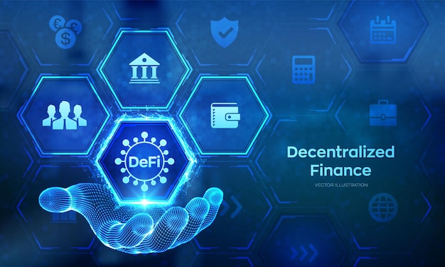 DeFi Finanzas descentralizadas Blockchain sistema financiero descentralizado Concepto de tecnología empresarial concepto en mano de estructura alámbrica Ilustración vectorial