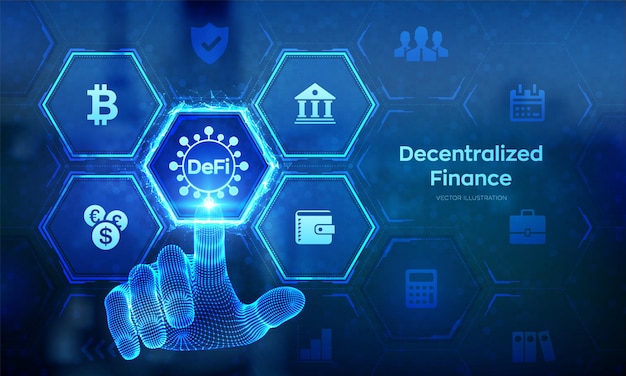 DeFi Finanzas descentralizadas Blockchain sistema financiero descentralizado Concepto de tecnología empresarial en pantalla virtual Wireframe mano tocando interfaz digital Ilustración vectorial