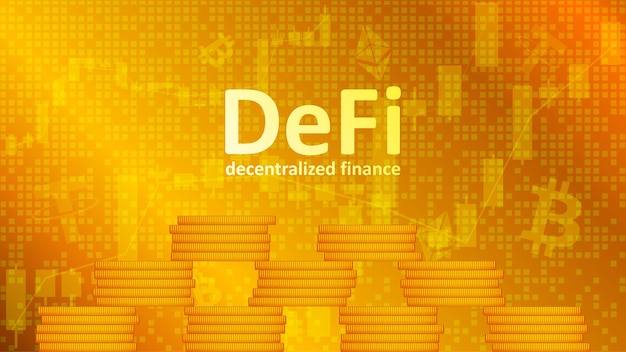 Defi finanzas descentralizadas con pirámide de monedas en fondo dorado con gráficos