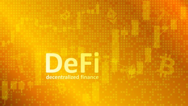 Defi finanzas descentralizadas sobre fondo dorado con gráficos y símbolos de monedas Un ecosistema de aplicaciones y servicios financieros basados en blockchains públicas Vector EPS 10