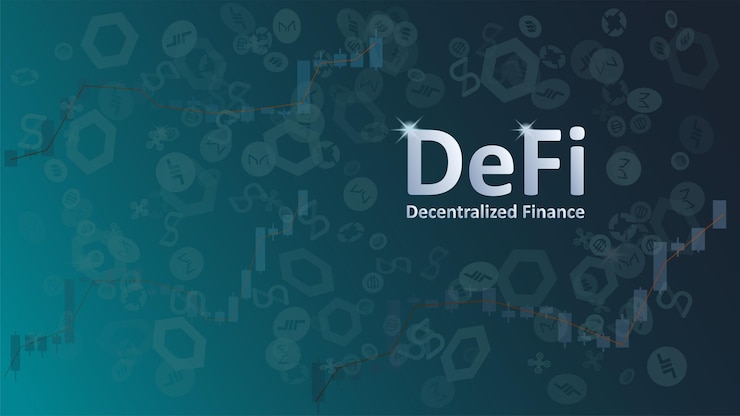 Vector defi finanzas descentralizadas sobre fondo oscuro con gráficos y símbolos de monedas un ecosistema de aplicaciones y servicios financieros basados en blockchains públicas vector eps 10