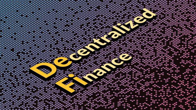 Defi: finanzas descentralizadas, texto isométrico sobre fondo de matriz fragmentada. Ecosistema de aplicaciones y servicios financieros basados en blockchains públicas. Ilustración vectorial.